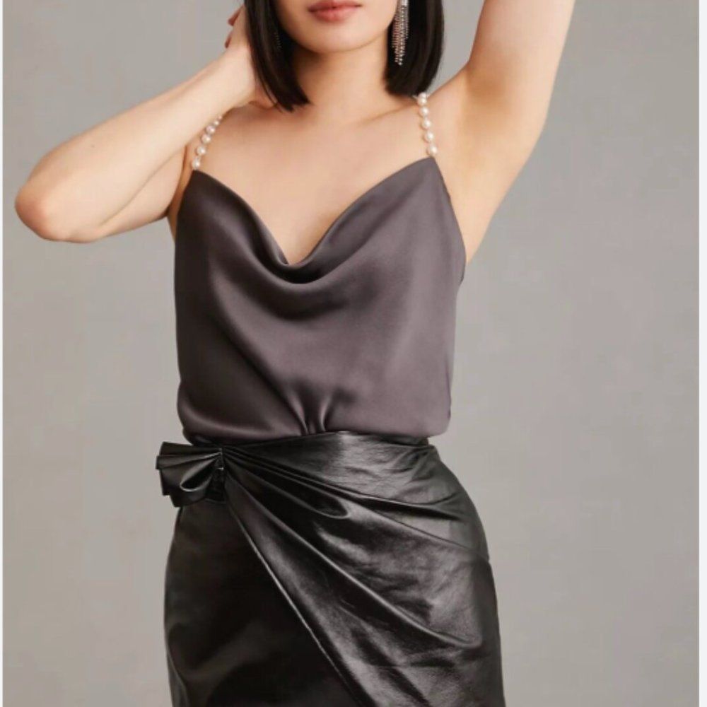 Anthropologie Charcoal Satin Tank with Pearl Straps